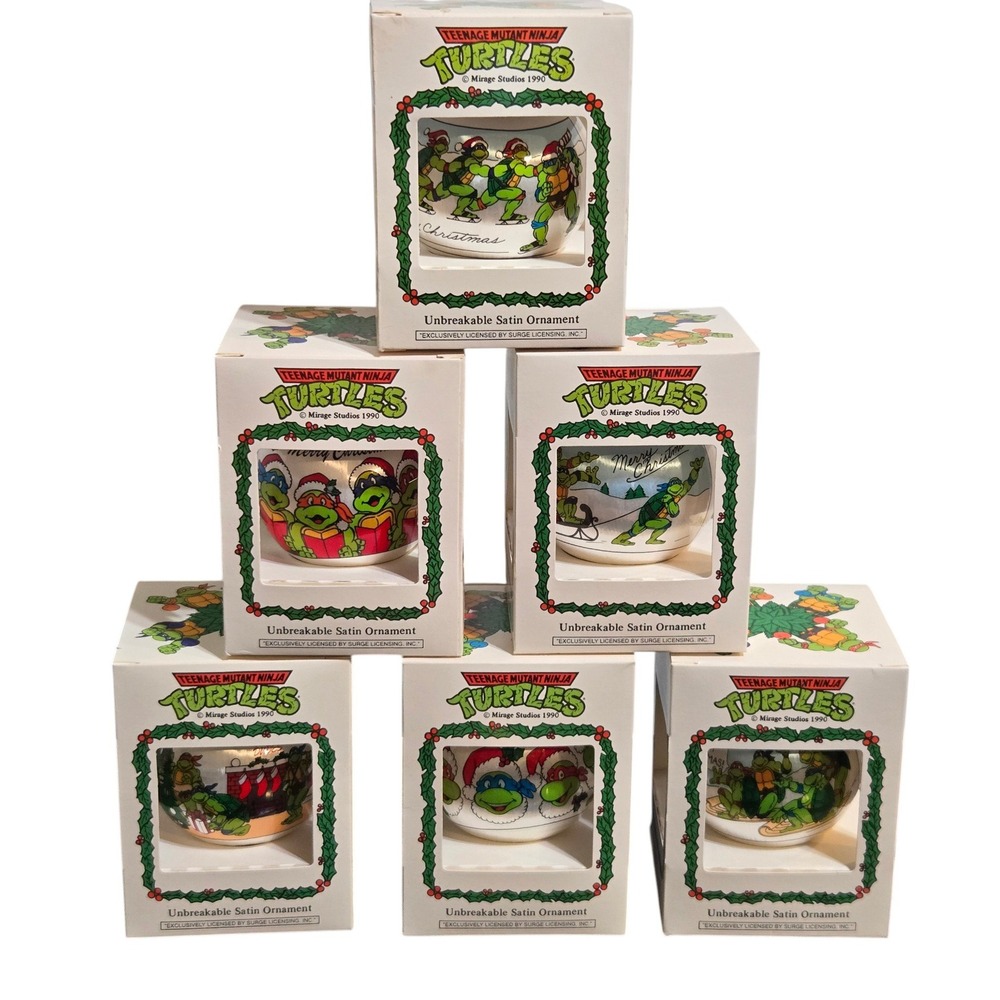 6 Teenage Mutant Ninja Turtles Unbreakable Christmas Ornaments Satin 1990 TMNT
